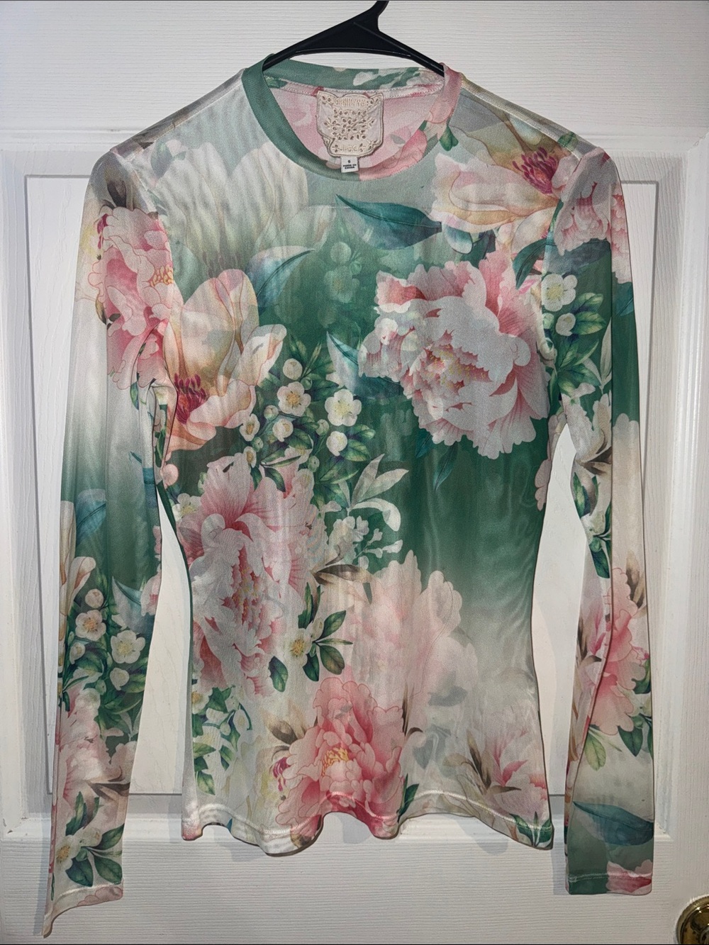 Johnny Was Floral Sheer Long-Sleeve Mesh Top in Green and Pink